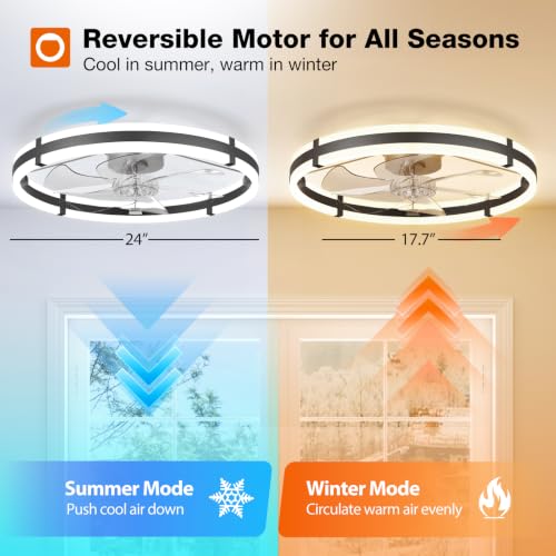 addlon 24" Low Profile Fandelier Ceiling Fans with Lights and Remote, Black - color: Black