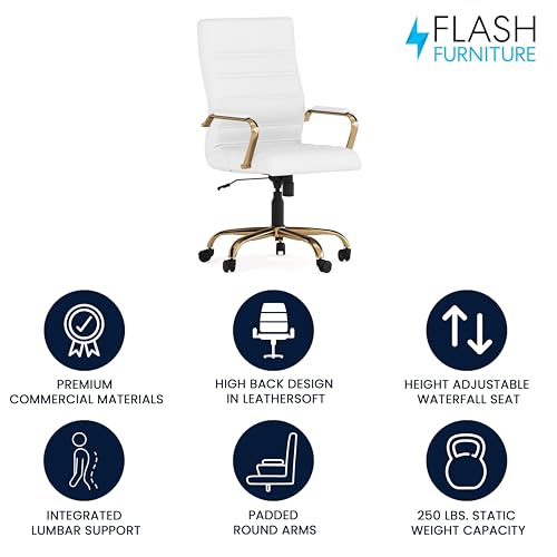 Flash Furniture High Back White LeatherSoft Executive Swivel Office Chair with Gold Frame and Arms - color: White Leathersoft/Gold Frame