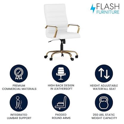 Flash Furniture High Back White LeatherSoft Executive Swivel Office Chair with Gold Frame and Arms - color: White Leathersoft/Gold Frame
