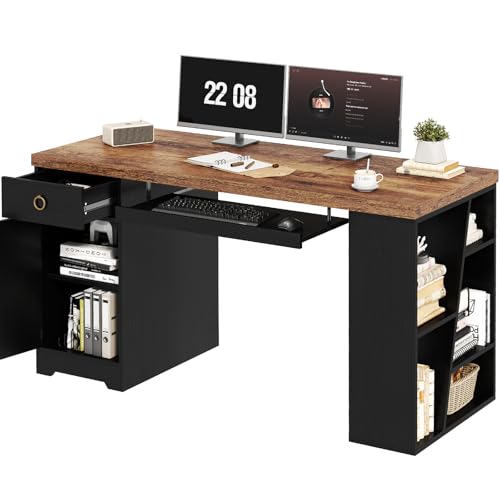HSH Computer Desk with Keyboard Tray, Home Office Desk Rustic Brown 55 Inch | Industrial Wood Executive Desk with Drawers Storage Book Shelf Storage Cabinet for Home Office Writing Work Study - color: Rustic Brown Oak