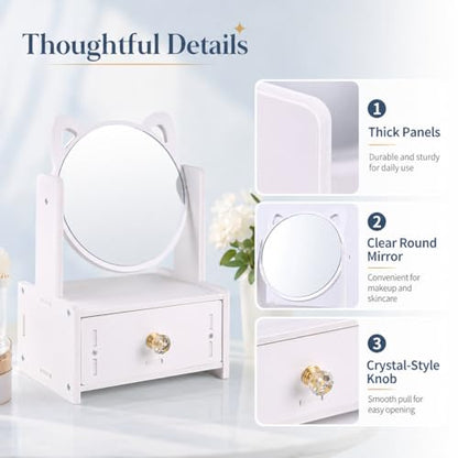 Desktop Makeup Mirror Organizer with Drawers, Compact Vanity Storage Box, Round Mirror, Cosmetic, Skincare and Jewelry