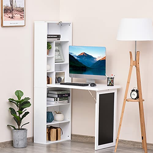 White Wall Mounted Folding Desk, Wood Compact Desk for Small Spaces | Hidden Computer Desk with Bookshelf & Storage, Foldable Murphy/Writing Table with A Blackboard for Bedroom Apartment - color: White.