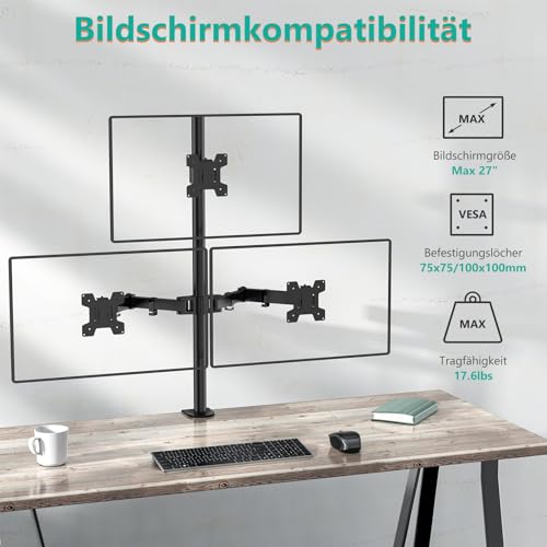 WALI Tall Triple Monitor Mount for 13-27 inch Computer Screens, up to 22lbs | 3 Monitor Desk Mount, Full Motion with Tilt, Swivel, Rotation, C-Clamp/Grommet Mounting, VESA 75/100mm (M003), Black - size: 13"-27", style: Triple