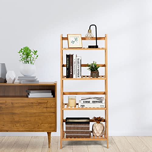 COSTWAY 4-Tier Ladder Shelf, Bamboo Plant Stand Rack | Freestanding Bookcase, Flower Stand Rack Holder for Garden, Balcony, Living Room, Bedroom (Natural) - color: Natural, size: 19" x 12.5" x 45" (L x W x H)