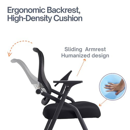 Updated Conference Room Chairs, Folding Office Desk Chair with Lumbar Support and Sliding Armrest with Casters, Stackable Office Guest Chairs & Reception Chairs, 2 Pack Black - color: Black, size: 2 Pack