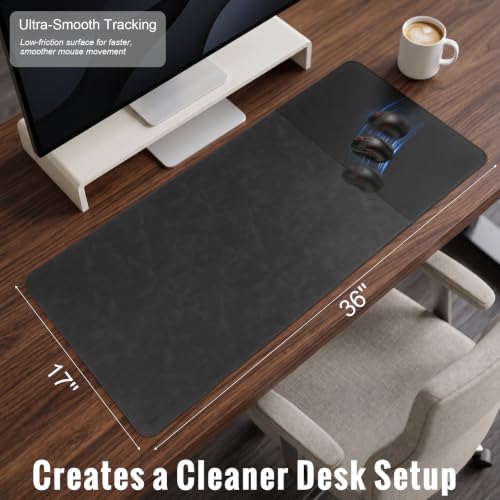 HAUTOCO Cork Desk Mat 36''x17'', Distressed PU Leather & Cloth Desk Pad - color: Black, size: 36" x 17"