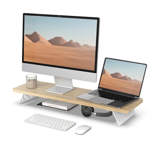Fenge Monitor Stand Riser, Wooden & Metal Desk Shelf Organizer, Oak - color: Oak, size: 31.5 Inch