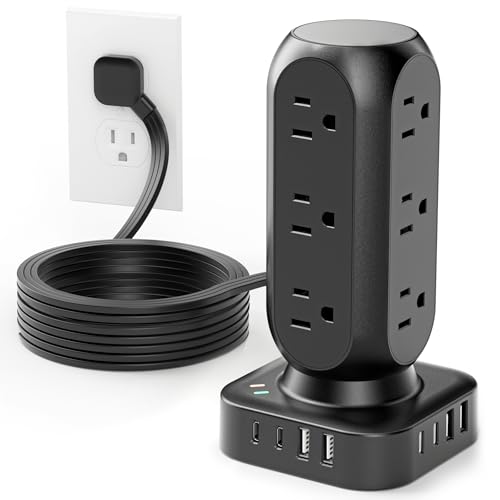 TenTrend Power Strip Tower, 4.8A Fast Charging Tower, 5 FT Extension Cord | 12 AC Outlets & 8 USB Ports (4USB-C), Flat Plug Charging Station for Home, Office, Dorm Room - color: Black, size: 5 FT - 3 Prong