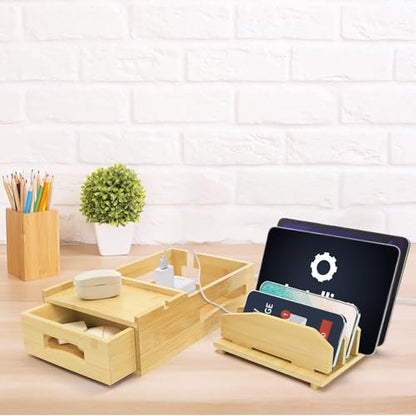 ZOOFOX Bamboo Charging Station for Multiple Devices, Desk Docking Station with Removable Divider Slots and Drawer, Bedside Charging Station Compatible with Smartphone, Tablet, Laptop, Earphone