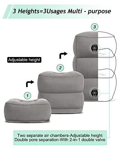Inflatable Foot Rest Pillow, Kids Airplane Bed, Adjustable 3 Layers Height Leg Rest Pillow, Airplane Travel Essentials Great for Office, Home, Trains, Cars - color: Grey
