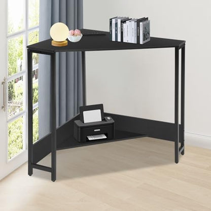 Corner Desk Triangle, Triangle Corner Desk with Outlet, Computer Table with Storage Shelf, Black, Space Saving, for Home Office, Dorm, Small Spaces