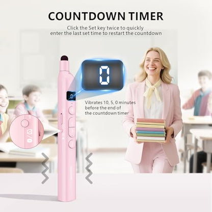 N21 Bluetooth Presentation Clicker for PowerPoint with Retractable Pointer | ①Laser Pointer②Telescopic touch pen③Countdown timer, vibration alert ④Customizable Button ⑤Rechargeable;battery level display - color: Pink - Red Pointer