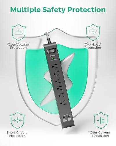 2 Pack 12FT Long Power Strip Surge Protector with 6 Outlets 4 USB Ports - size: 12 FT, style: Braided Cord