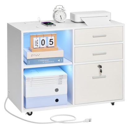 VEVOR 3 Drawer Wooden File Cabinet, Mobile Filing Cabinet with Light Strip, Lockable Rolling File Storage with Adjustable Shelves & 5 Wheels, Free Standing Printer Stand for Home Office School, White