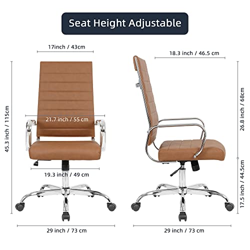 LANDSUN Home Office Chair High Back Executive Chair Ribbed Leather Computer Desk Chair with Armrests Soft Padded Adjustable Height Swivel Modern Conference Chrome Brown