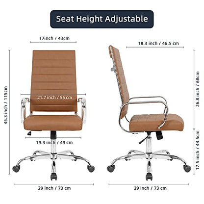 LANDSUN Home Office Chair High Back Executive Chair Ribbed Leather Computer Desk Chair with Armrests Soft Padded Adjustable Height Swivel Modern Conference Chrome Brown