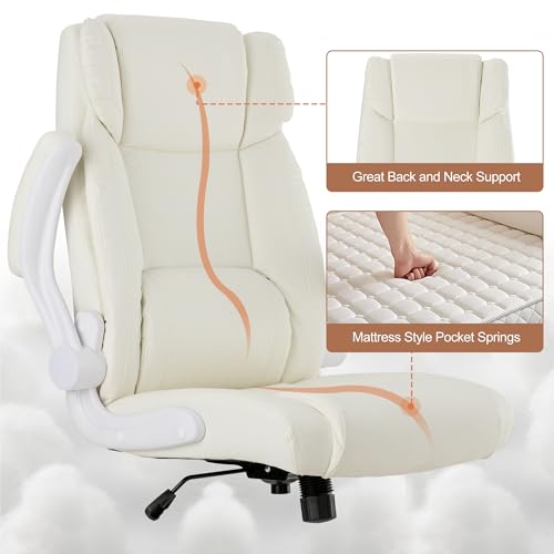 Office Desk Chair,Ergonomic Conference Room Chairs,Mid Back Executive Leather Chair,Comfy Computer Desk Chairs with Adjustable Flip-Up Arms and Rocking Function (Beige) - color: Beige