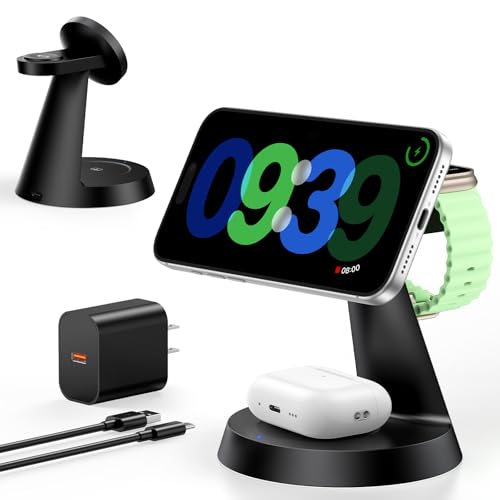 3 in 1 Magnetic Charging Station for iPhone 17-12 Series, iWatch &AirPods | 15W Wireless Charger Compatible with MagSafe, for Multiple Apple Devices, QC Adapter Included, Built-in Heat Dissipation - size: 15W Max for Phone