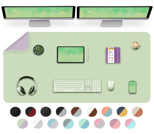 Dual-Sided Desk Mat, Large Pad, Waterproof Smooth PU Leather Blotter Protector, Mouse Pad, Desk Organizers, Office/Home Table Decor for Reading and Writing (Matcha+Purple, 47.2''23.6'') - color: Matcha+purple, size: 47.2" x 23.6"