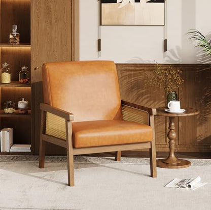 Garvee PU Leather Accent Chair, Rattan Armchair with Wooden Frame, High Back, Upholstered Reading Chair Leisure Chairs for Living Room Bedroom Waiting Room Reception, Brown - color: Pu Leather, Brown