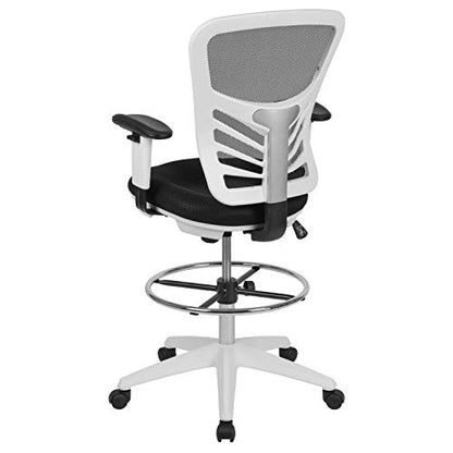 EMMA + OLIVER White Mid-Back Mesh Drafting Chair | Adjustable Foot Ring, 360° Swivel, Height Adjustable, Commercial Grade - color: Black Mesh/White Frame