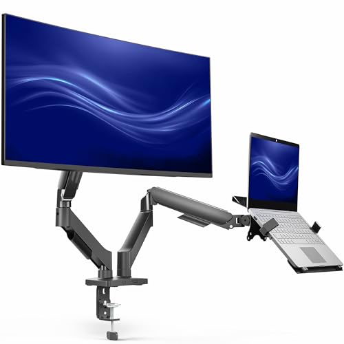 VIVO Universal Adjustable Monitor and Laptop Desk Mount, 17 to 32 inch Monitors, 10 to 15.6 inch Laptops, Dual Mechanical Arm VESA Notebook Stand with C-clamp and Grommet Options, Black, STAND-V002O-L - color: Black, size: Single + Laptop Mount