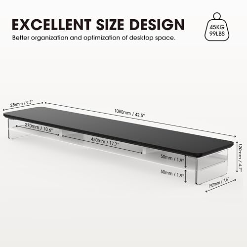 Fenge 42.5" Dual Monitor Stand with Clear Acrylic Legs, Black - color: Black, size: 42.5in