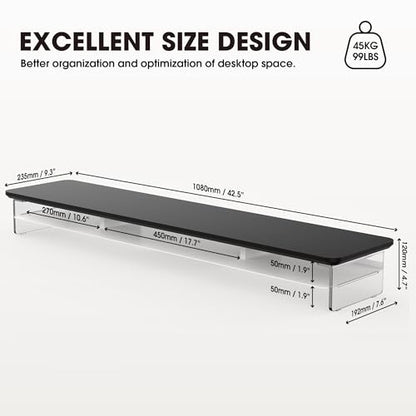 Fenge 42.5" Dual Monitor Stand with Clear Acrylic Legs, Black - color: Black, size: 42.5in