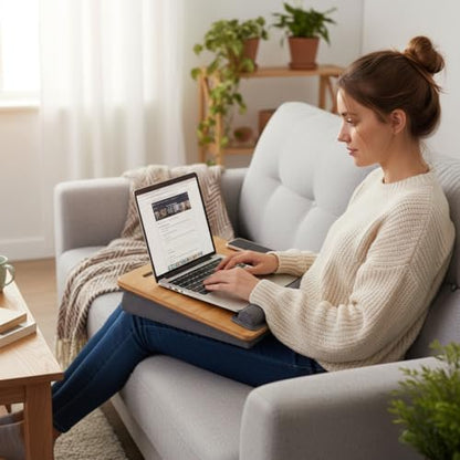 Bamboo Lap Desk for Laptop with Cushion Tablet Phone Holder Handle - size: 16.5"x13.4" Fixed