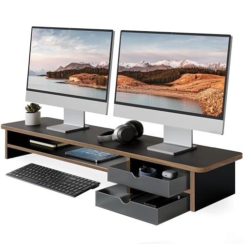 Fenge Monitor Stand, Dual Monitor Riser, 42.5inch Large Desk Computer Monitor Stand Riser with Drawer, 2 Tier Wood & Acrylic Desktop Organizer with Cable Management - color: Black