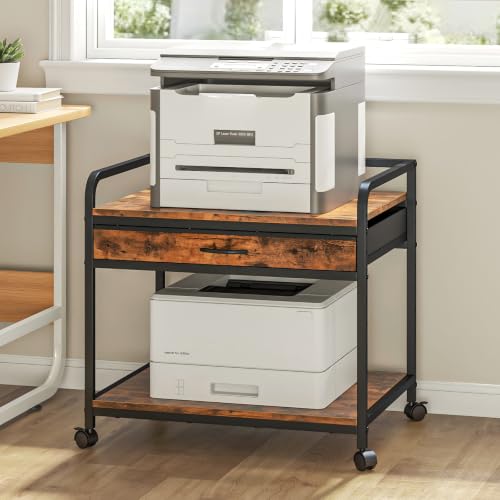 Under Desk Printer Stand with Wheels - 25"x19" Large Printer Cart with Storage Drawer, 2-Tier Height Adjustable Printer Desk Cart, Heavy Duty Printers Riser for Home Office (Brown) - color: Brown, size: Large