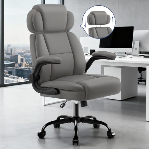 Ergonomic Office Chair with Lumbar Support, 400lbs Heavy Duty Big and Tall Executive Desk Chair, PU Leather High Back Computer Chair with Flip-Up Arms & Adjustable Headrest, Gray - color: Grey, size: Adjustable Headrest Office Chair