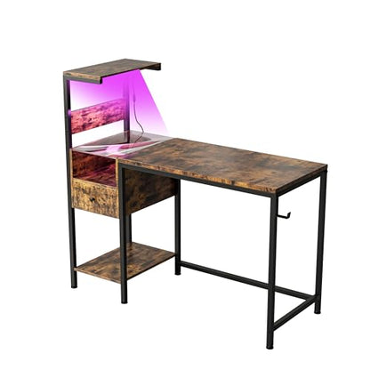 Computer Desk with Power Outlet and USB Charging Station, Space-Saving Study Writing Table with Storage Shelves, PC Laptop Workstation for Home Office Bedroom (Brown) - color: Brown