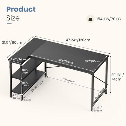 DUMOS L Shaped Computer Desk, 47" Gaming Corner Desks with Shelves | Home Office PC Table, Writing Working Study Desk with Reversible Layout, Bedroom Dorm, Black