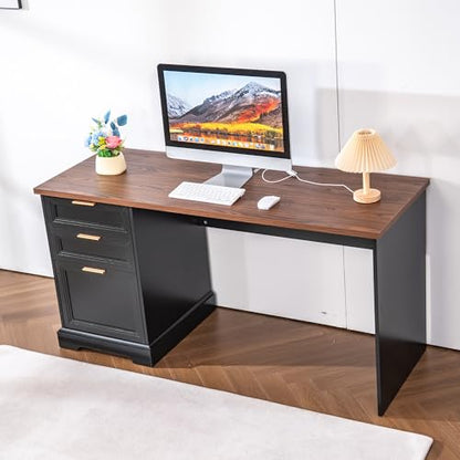 60" Farmhouse Executive Desk with Charging Station,Home Office Desk with 2 Drawers &1 File Cabinet,Wood Work Desk for Office and Home - color: Walnut & Black