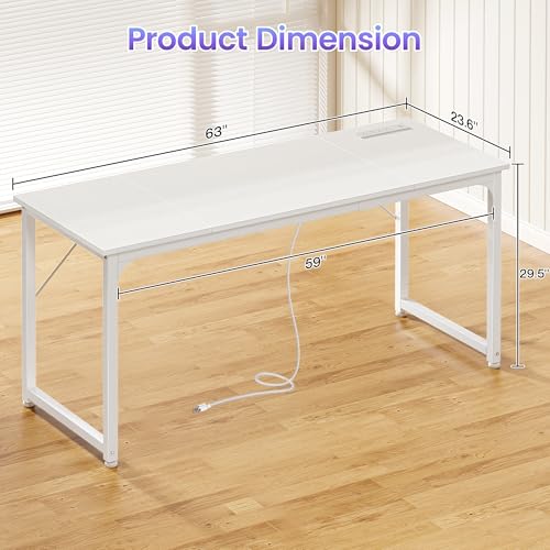 PRAISUN 63 X 24 Inch Computer Desk, Power Outlets, USB-C, White - color: White, size: 63inch