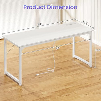 PRAISUN 63 X 24 Inch Computer Desk, Power Outlets, USB-C, White - color: White, size: 63inch