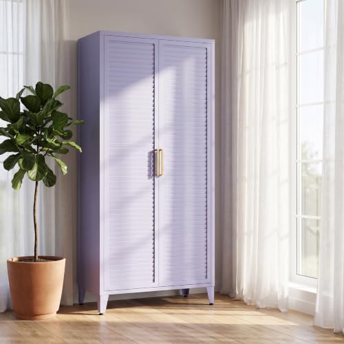 Purple Louvered Storage Cabinet, Mid Century Modern Metal Armoire for Storage Living Room Kitchen Bedroom with 3 Adjustable Shelves Size：61" H x 27.6" W x 13.8" D - color: Purple, style: 61"H-Cabinet-FC