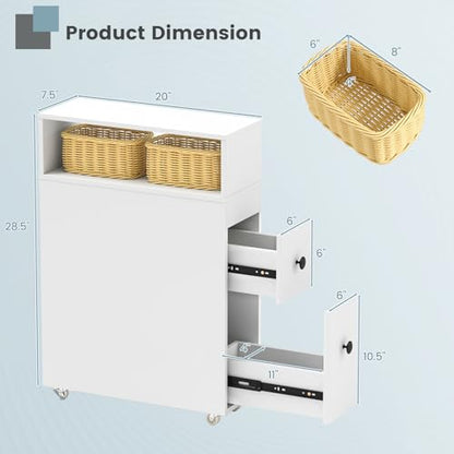 Tangkula Slim Bathroom Storage Cabinet, Movable Narrow Toilet Side Cabinet w/2 Slide Out Drawers, 2 Rattan Baskets & Shelves, Toilet Paper Holder on Wheels for Small Spaces
