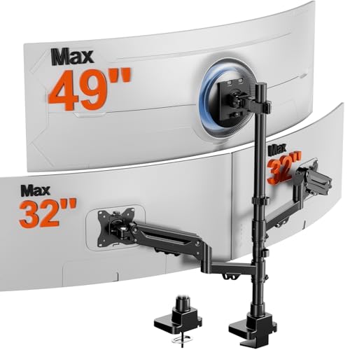 Triple Monitor Mount up to 49 inches, Fully Adjustable Gas Spring Arm | Heavy Duty, Cable Management, Ultrawide/Curved/Flat Monitors, C-Clamp & Grommet Base, Holds 44 lbs,75/100mm VESA, Black - size: Up to 49 Inch