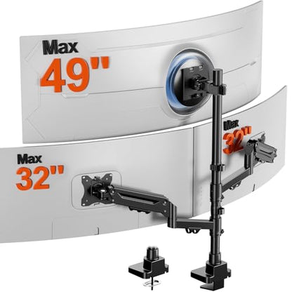 Triple Monitor Mount up to 49 inches, Fully Adjustable Gas Spring Arm | Heavy Duty, Cable Management, Ultrawide/Curved/Flat Monitors, C-Clamp & Grommet Base, Holds 44 lbs,75/100mm VESA, Black - size: Up to 49 Inch