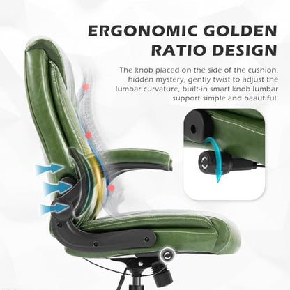 Executive Office Chair,Big and Tall Ergonomic Desk Chair with Adjustable Lumbar Support,Breathable PU Leather Computer Chair wih Flip-up Arms and Wheels,Green - color: Green