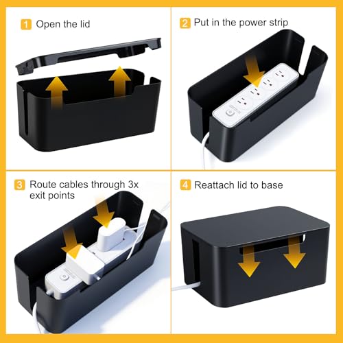 Eichzer Cable Management Box with Lid, Three Entry/Exit Slots, Black | Large Cord Organizer, Plastic Power Strip Cover, Hide Surge Protector on Desk & Floor, for TV Computer Home Router Office