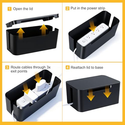 Eichzer Cable Management Box with Lid, Three Entry/Exit Slots, Black | Large Cord Organizer, Plastic Power Strip Cover, Hide Surge Protector on Desk & Floor, for TV Computer Home Router Office