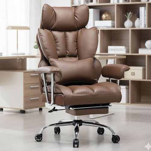 Efomao Big and Tall Office Chair 400lbs – PU Leather Executive Office Chair with Lumbar Support & Leg Rest, Heavy-Duty Computer Chair for Home Office, Brown | 400lbs support, 135° recline, dual-layer foam cushion, 23.5" seat & footrest. BIFMA - color: Bro