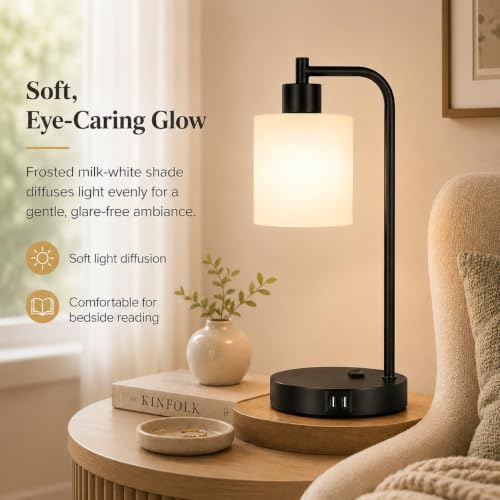 Set of 2 Industrial Touch Control Table Lamps with 2 USB Ports and AC Outlet - 3-Way Dimmable Black Bedside Lamp Nightstand Desk Lamps for Bedroom Living Room, Opal Glass Shade & 2 LED Bulbs Included - color: Black(2 pack)-Opal Glass-Touch Control