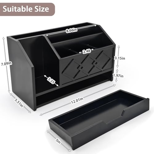 Black Wooden Mail Organizer with Drawer, Three Tiered Desk Accessories for Office Organization and Storage, Stylish Countertop Document Storage, Home/Office/Classroom Supplies (Black02) - style: Black02