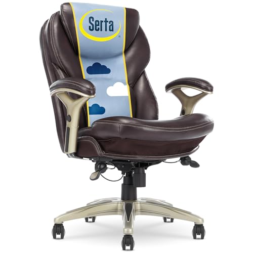 Serta Ergonomic Home Office Chair Pivot Lumbar Support, Leather Desk Chair | Claremont, Adjustable Arms, Height & Tilt, Foam Seat & Headrest Cushion, Home Gaming Chair lower Back Pain, Chestnut Brown - color: Chestnut Bonded Leather