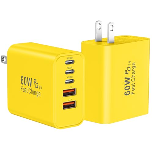 USB C Fast Wall Charger Block, 2Pack 60W USBC Charging Cubes, 5-Port PD+QC Power Adapter Multiport Brick Type C Box Plug for Phone 17/16/15/14/13/12/11/Pro Max/Plus, Pad Mini/Pro/S25/S24-Yellow - color: Yellow