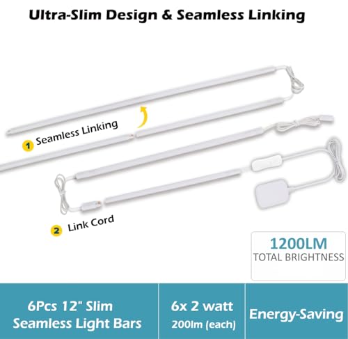 Cefrank 6-Pack Linkable Under Cabinet Lighting, 12" LED Shelf Light Bars - color: White